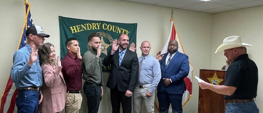 LABELLE -- On Tuesday, Jan. 9, 2024, Sheriff S. Whidden had the opportunity to swear in a number of new members and not so new members of the Hendry County Sheriff's Office. From left to right are  A.J. Maynard, P. Steelman, W. Guevara, S. Monteiro, J. Cieslinski, S. Kirkby, R. Louis-Pierre and Sheriff S. Whidden. [Photo courtesy Hendry County Sheriff's Office]